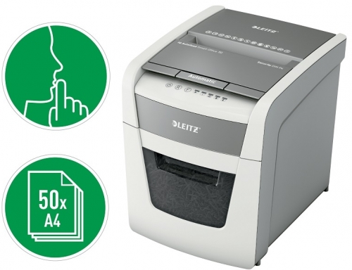 Distrugator documente automat Leitz IQ Small Office, P4, cross-cut (confeti), 50 coli, cos 20l, alb-gri